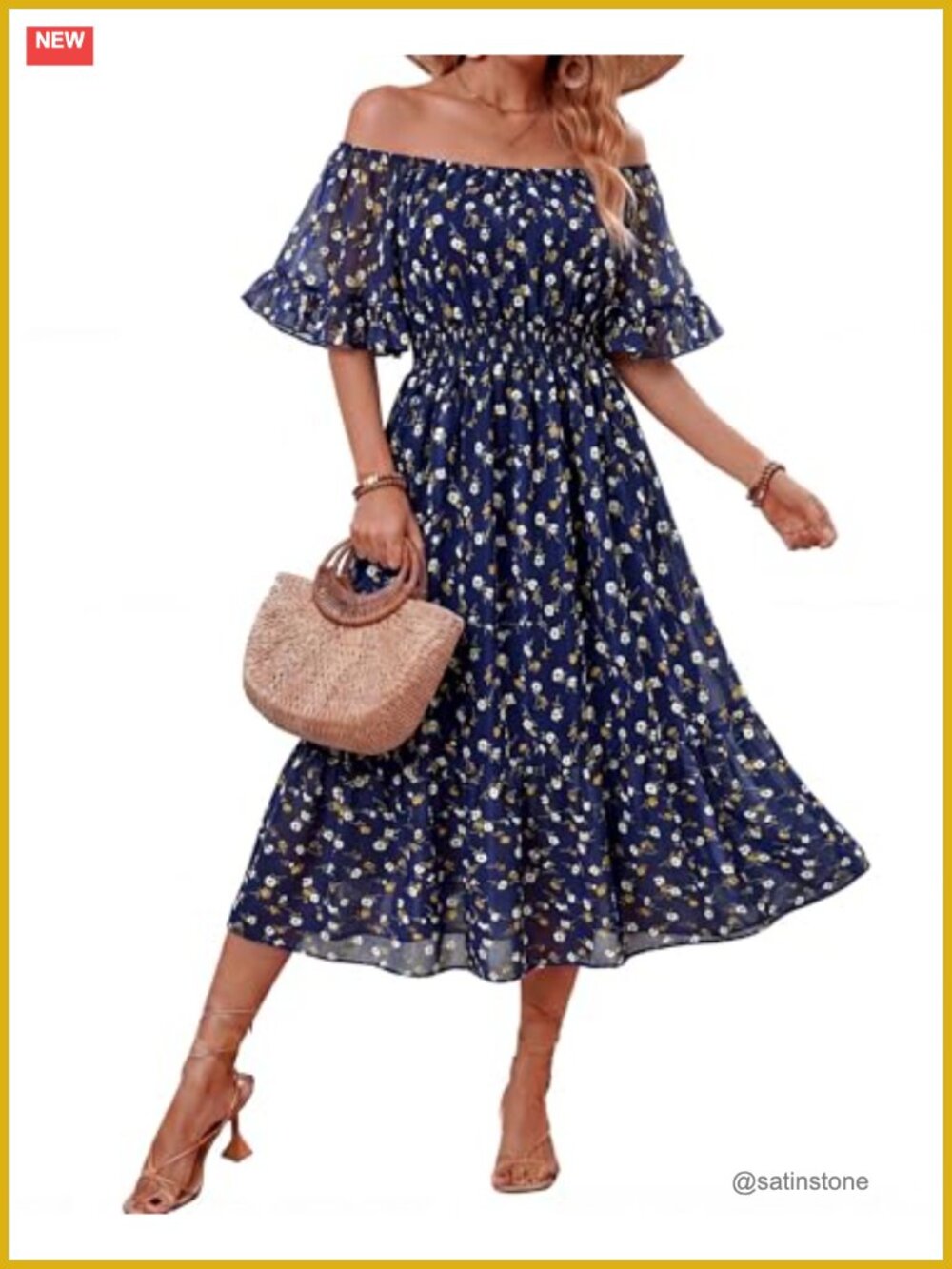 Boho Off Shoulder Midi Dress Ruffle Sleeve Smocked Waist Flowy Chiffon - Picture 1 of 5